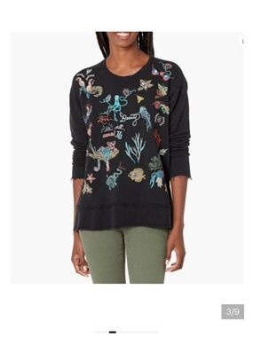 Johnny Was Zoe Black relaxed  cotton SWEATSHIRT Top Animals Embroidery XL